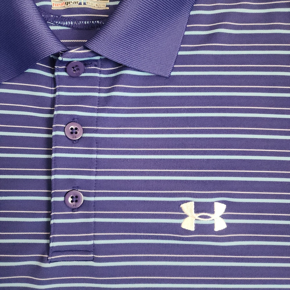 Under Armour Polo Shirt Mens Small Blue Striped Heatgear Loose Fit Short Sleeve - Picture 2 of 6